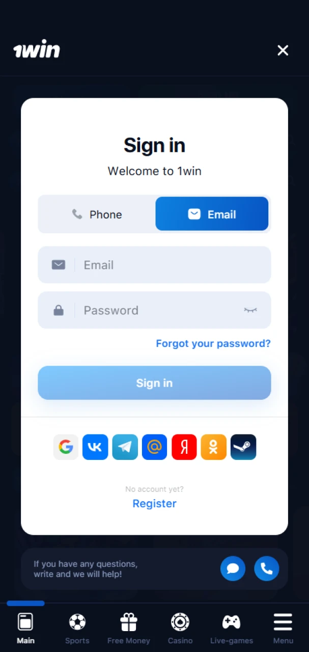 Log in to your account to bet or play at 1win.